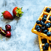 Buy canvas prints of Close-up of a waffle with blueberries and strawberries with delicious aspect, isolated on abstract background with copy space for text. by Joaquin Corbalan