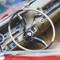 Buy canvas prints of Valencia, Spain - July 21, 2012: Dashboard and steering wheel of a luxury vintage car, an American Mustang. by Joaquin Corbalan