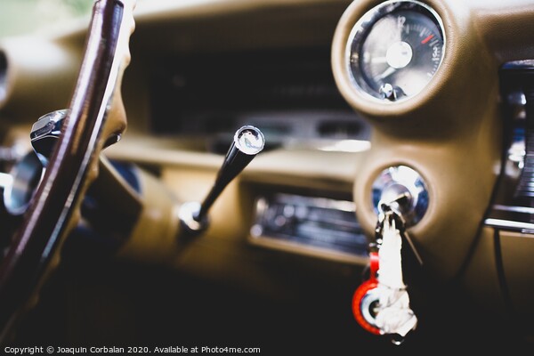 Valencia, Spain - July 21, 2012: Interior and dashboard of an American vintage car, currently rented for events. Picture Board by Joaquin Corbalan