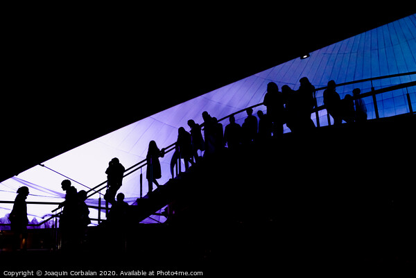 Silhouette of people going down a ladder, visitors of a tourist attraction, background defocused. Picture Board by Joaquin Corbalan