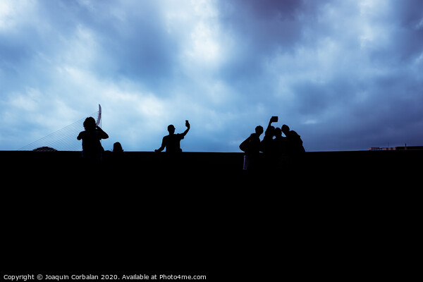 Silhouette of a group of unrecognizable people using their smartphones, socially isolated. Picture Board by Joaquin Corbalan