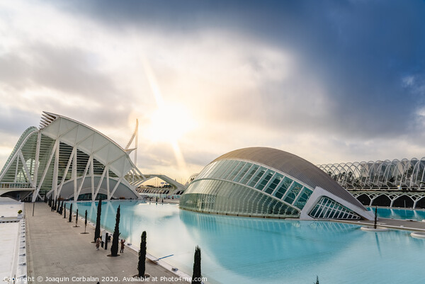 Panoramic cinema in the city of sciences of Valencia, Spain, visited by tourists next to the museum of sciences of the city in the background, at dawn with clouds and sun. Picture Board by Joaquin Corbalan