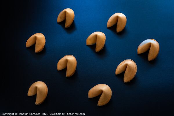 Fortune cookies on dark background arranged symmetrically Picture Board by Joaquin Corbalan