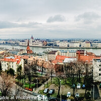 Buy canvas prints of Overview of the Danube river as it passes through the European city of Budapest, Hungary, with Parliament in the background. by Joaquin Corbalan