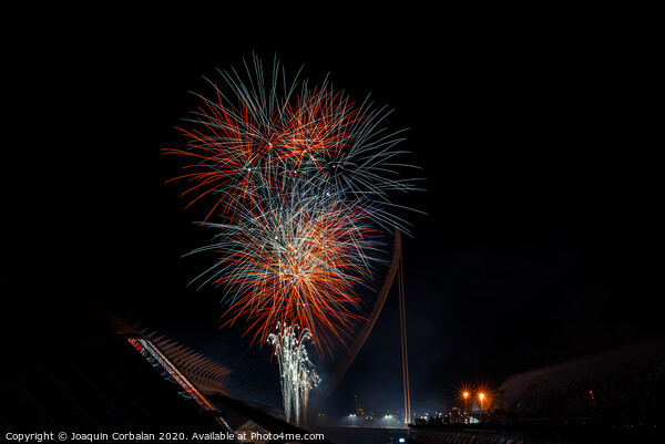 Colorful fireworks over the night city, free black space for text. Picture Board by Joaquin Corbalan