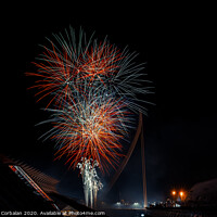 Buy canvas prints of Colorful fireworks over the night city, free black space for text. by Joaquin Corbalan