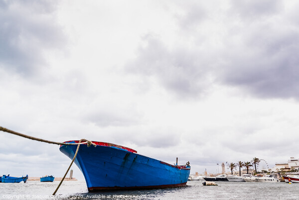 Small boat moored to Bari port, Italy, during a storm at sea. Picture Board by Joaquin Corbalan