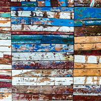 Buy canvas prints of Painted wooden boards of various colors aged, natural texture background. by Joaquin Corbalan