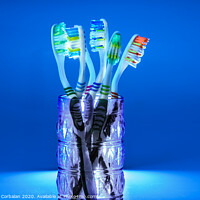 Buy canvas prints of Many new plastic toothbrushes inside a glass, isolated on striking blue background, with copy space. by Joaquin Corbalan