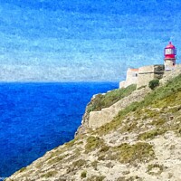 Buy canvas prints of Lighthouse on top of a cliff overlooking the blue ocean on a sunny day, painted in oil on canvas. by Joaquin Corbalan
