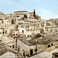 Buy canvas prints of Panoramic view of Matera (Sassi di Matera) with its steep ancient stone streets, European Capital of Culture 2019, with clouds, at southern Italy, waiting to welcome tourists. by Joaquin Corbalan