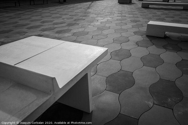 Simple urban architecture elements and tiled floor in a park, in black and white. Picture Board by Joaquin Corbalan