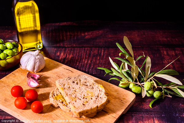 Healthy breakfast based on bread and olive oil. Picture Board by Joaquin Corbalan