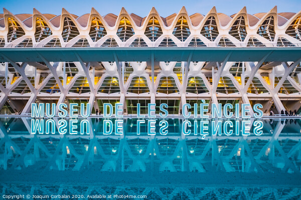 Museum of the sciences of the city, with luminous letters reflected in the lake. Picture Board by Joaquin Corbalan