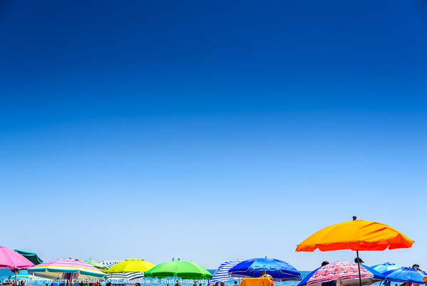 Colorful beach umbrella stuck in the sand surrounded by a group of bathers in summer, near the Mediterranean sea. Picture Board by Joaquin Corbalan