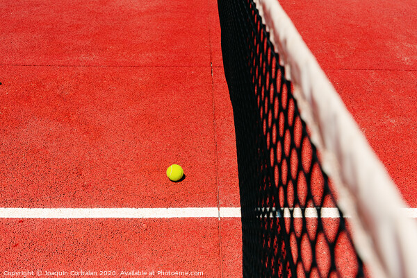 A tennis ball on the textured floor of a red court near the net after losing a match point. Picture Board by Joaquin Corbalan