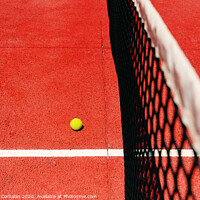 Buy canvas prints of A tennis ball on the textured floor of a red court near the net after losing a match point. by Joaquin Corbalan