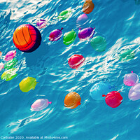 Buy canvas prints of Group of many colorful plastic water balloons floating in the water of a pool to entertain their children on summer vacations. by Joaquin Corbalan