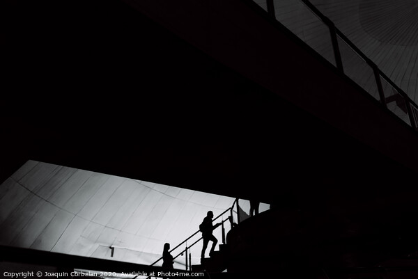 Silhouettes of people inside a building crossing stairs and walkways. Picture Board by Joaquin Corbalan