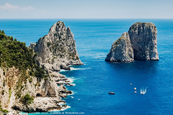 Natural rock arches and cliffs on the coast Sorrento and Capri, Italian islands with crystal clear waters where tourist boats crowd to photograph them in summer. Picture Board by Joaquin Corbalan
