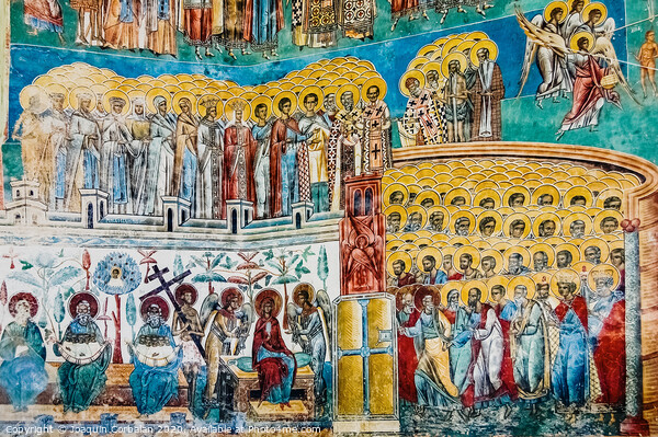 Paintings in frescoes of religious, colorful motifs, in Orthodox Christian monasteries of Bucovina. Picture Board by Joaquin Corbalan