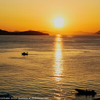 Buy canvas prints of Sunset in a bay with mountains in the background and a small boat anchored. by Joaquin Corbalan