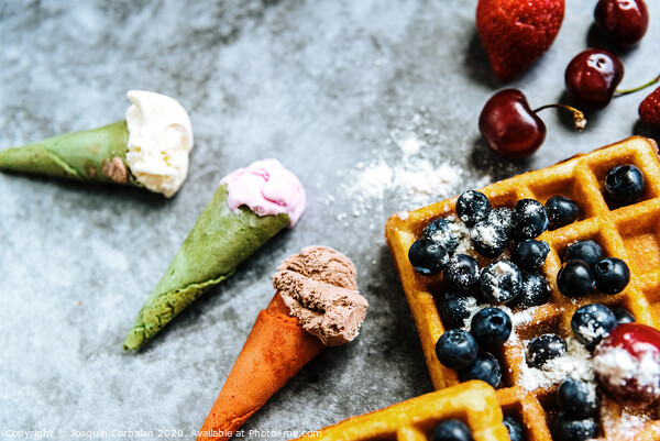 Appetizing ice cream with fruits and waffles, the ideal snack in a restaurant in summer. Picture Board by Joaquin Corbalan