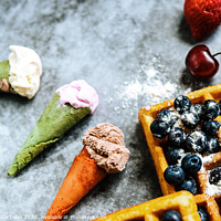 Buy canvas prints of Appetizing ice cream with fruits and waffles, the ideal snack in a restaurant in summer. by Joaquin Corbalan
