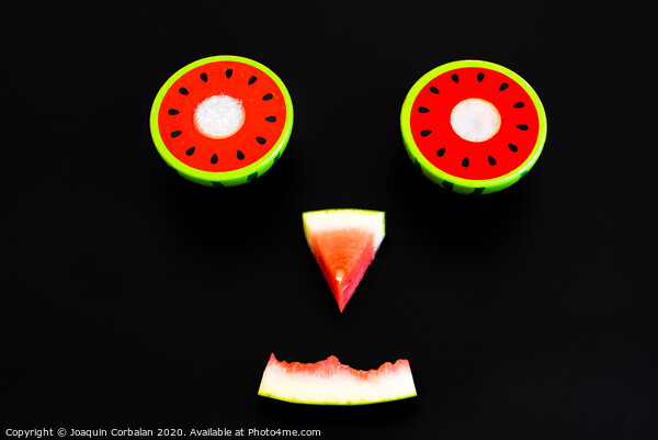 Composition of a funny face made with fruit, smile of a watermelon for summer diets. Picture Board by Joaquin Corbalan