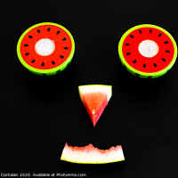 Buy canvas prints of Composition of a funny face made with fruit, smile of a watermelon for summer diets. by Joaquin Corbalan