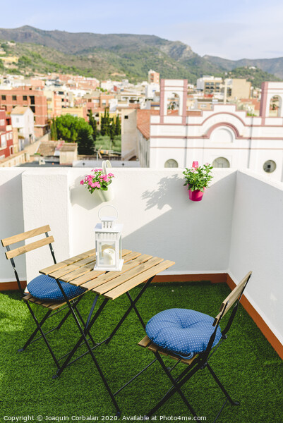 White terrace for coffee overlooking the village and Mexican mountain, blue sky. Picture Board by Joaquin Corbalan