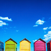 Buy canvas prints of Colorful wooden changing huts on a beach, with nice background of clear blue sky on the coast. by Joaquin Corbalan