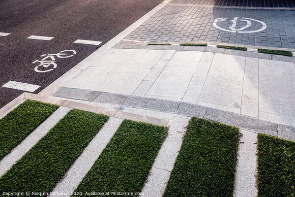 New bike lanes next to recharging stations for electric vehicles on paved asphalt. Picture Board by Joaquin Corbalan