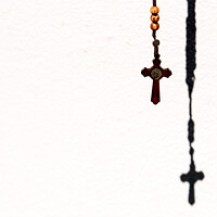 Buy canvas prints of Rosary with wooden beads and Christian cross. by Joaquin Corbalan