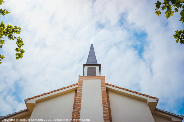 Facade of an evangelical church with smooth white walls and a cloudy sky background. Picture Board by Joaquin Corbalan