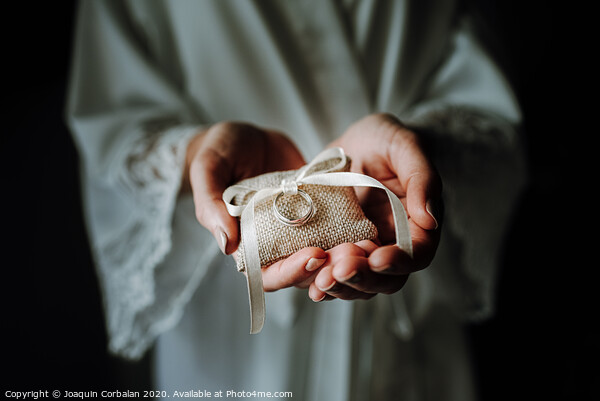 Wedding rings on a pad held by the delicate hands of a bride. Picture Board by Joaquin Corbalan