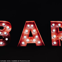 Buy canvas prints of Bar written with luminous bulbs on a dark black background. by Joaquin Corbalan