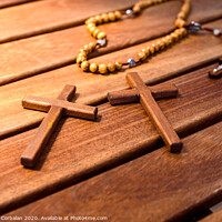 Buy canvas prints of Rosary with wooden beads and Christian cross. by Joaquin Corbalan
