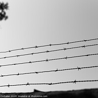 Buy canvas prints of A wall with an old barbed wire line to prevent theft. by Joaquin Corbalan