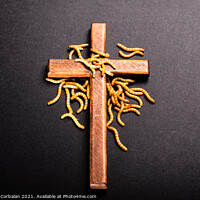 Buy canvas prints of Christian wooden cross attacked by worms that rot the roots of C by Joaquin Corbalan