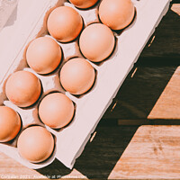 Buy canvas prints of Recycled cardboard box with fresh eggs, viewed from above. by Joaquin Corbalan