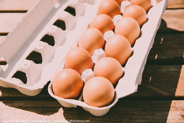 Brown eggs in a cardboard box bought from a local organic superm Picture Board by Joaquin Corbalan