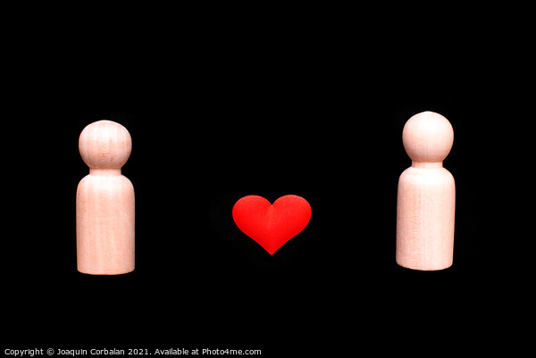 Wooden figures representing a homosexual couple of two gay men in love, with a beautiful red heart, isolated on a black background. Picture Board by Joaquin Corbalan