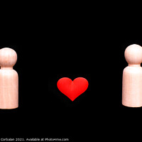 Buy canvas prints of Wooden figures representing a homosexual couple of two gay men in love, with a beautiful red heart, isolated on a black background. by Joaquin Corbalan