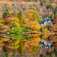 Buy canvas prints of Autumn Colours reflected on Loch Ard in The Trossachs National Park, Scotland by Richard Newton