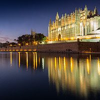 Buy canvas prints of La Seu Cathedral, Palma at dusk by Katie McGuinness