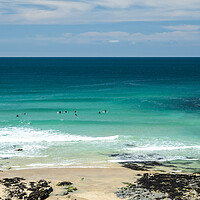 Buy canvas prints of Surfers watching for waves at Little Fistral beach by Tony Twyman
