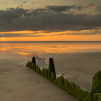 Buy canvas prints of Westward Ho! sunset with weathered beach groynes by Tony Twyman