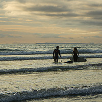 Buy canvas prints of Sunset surfers at Westward Ho! in Devon by Tony Twyman