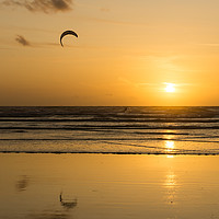 Buy canvas prints of Sunset kite surfer at Westward Ho! in Devon by Tony Twyman